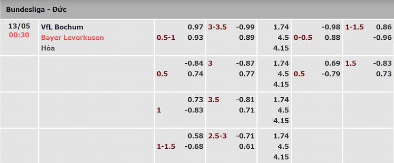 Tỷ lệ kèo trận Bochum và Leverkusen được cập nhật sớm nhất